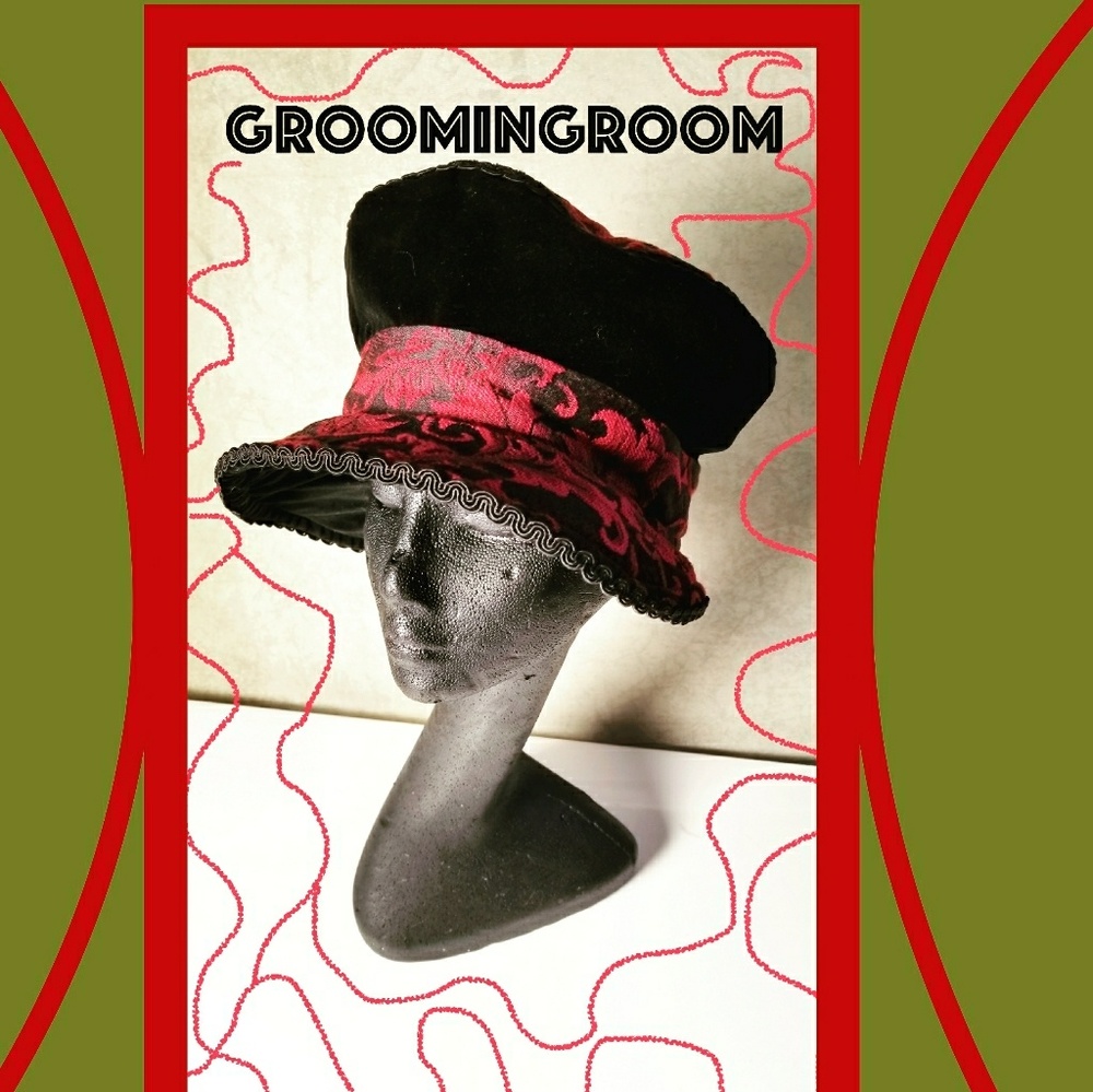 Arkivestry Couture blk velvet and red brocade hat